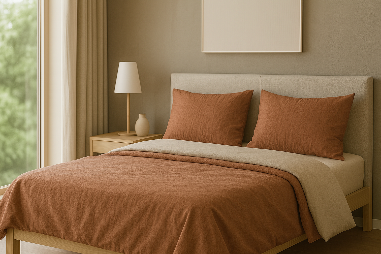 Cama con ropa blanca color terracota